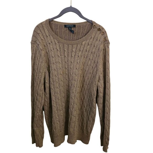 Lauren Ralph Lauren Gold Metallic CableKnit Sweater Round Neck Logo Size 2X - Picture 1 of 5